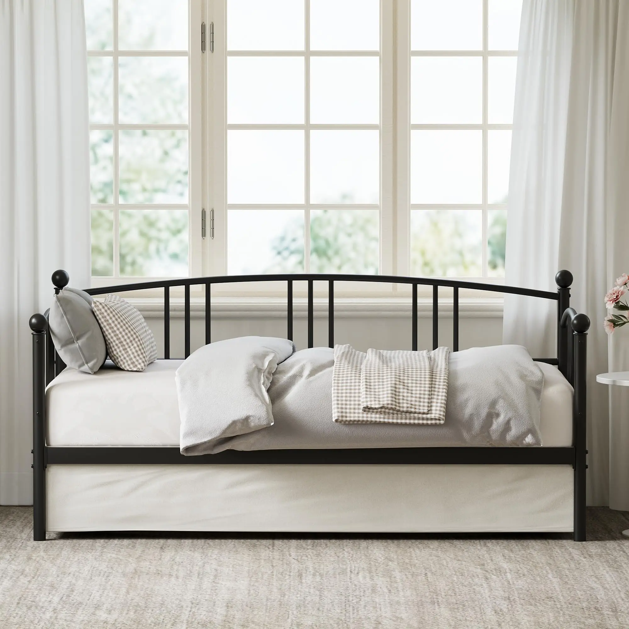 Functional Metal Daybed with Pull-Out Trundle - Twin Size Sofa Bed, Steel Slat Support, No Box Spring Needed, Versatile for Kids, Teens, Adults, Living Room, Bedroom, Guest Room - Black/White