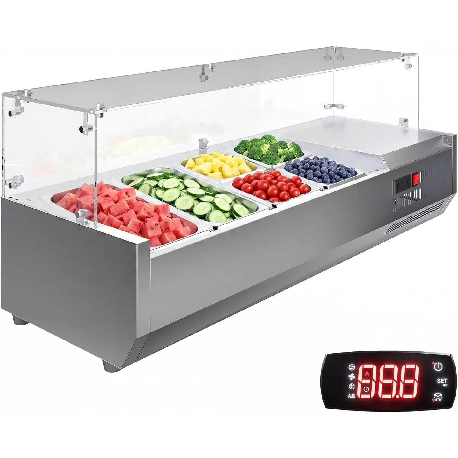 Stainless Steel Refrigerated Countertop Prep Station - 130W Kitchen Cooling Prep Table with Digital Temp Control, Flexible Multi-Size Food Storage Containers, PC Lid