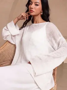 Women's Loose Round Neck Knit Semi-Transparent Pullover, Casual Urban Style Long Sleeve Top, Spring & Fall Fashion Elegant Knitted Clothing