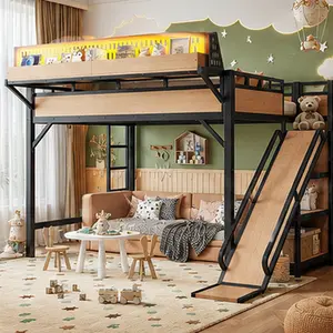 ARCH Queen Size Loft Bed with Slide, Storage Shelves, Built-in Wardrobe, Metal Frame with USB Ports, LED Lights, Pegboard, Full-Length Guardrails, MDF+Metal, Natural/Black Options, for Kids Teens Bedroom, No Box Spring Needed, Full/Queen/Twin XL
