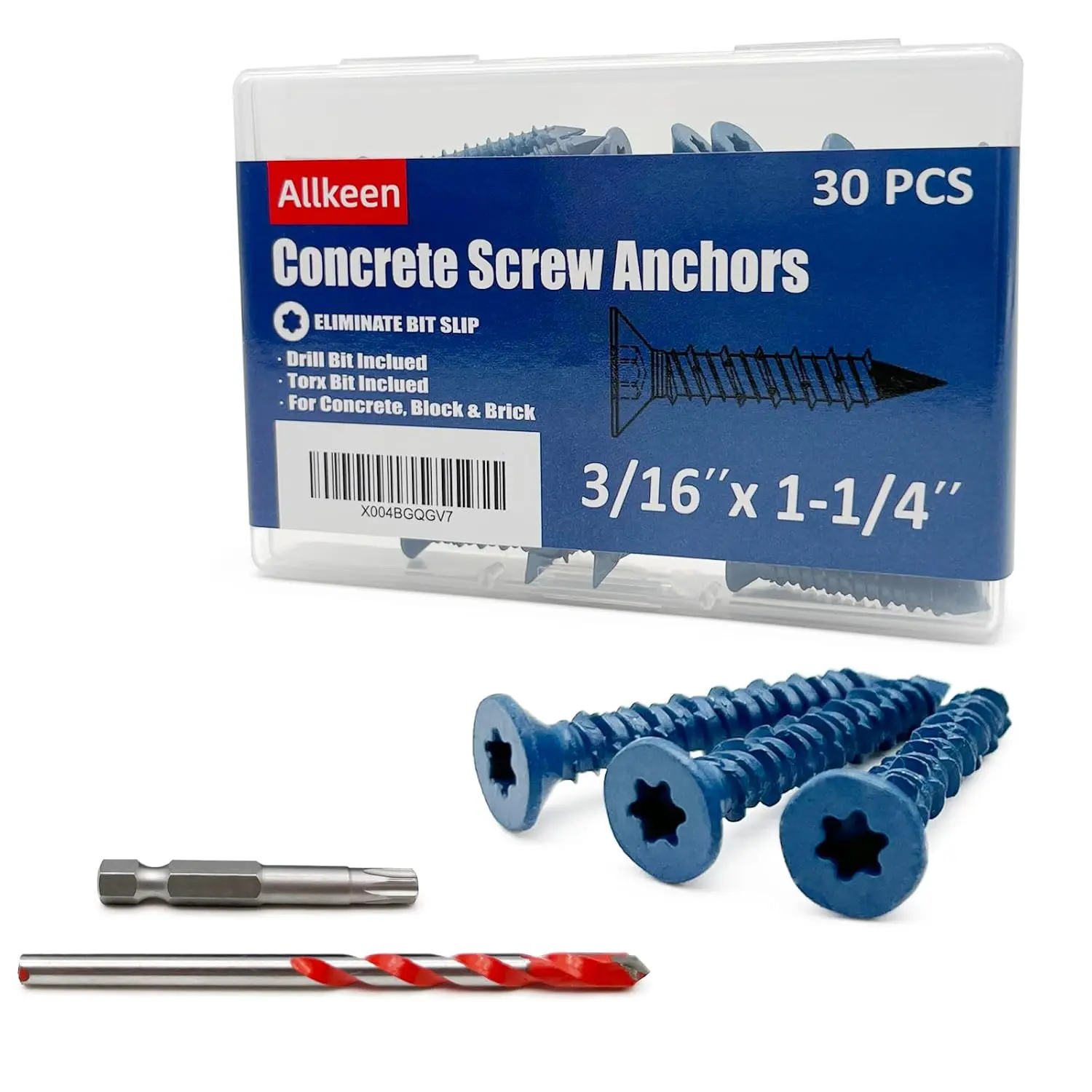 3/16" x 1-1/4" Concrete Screws, Anchoring to Masonry, Brick, Block, Cement or Stucco, 30 count