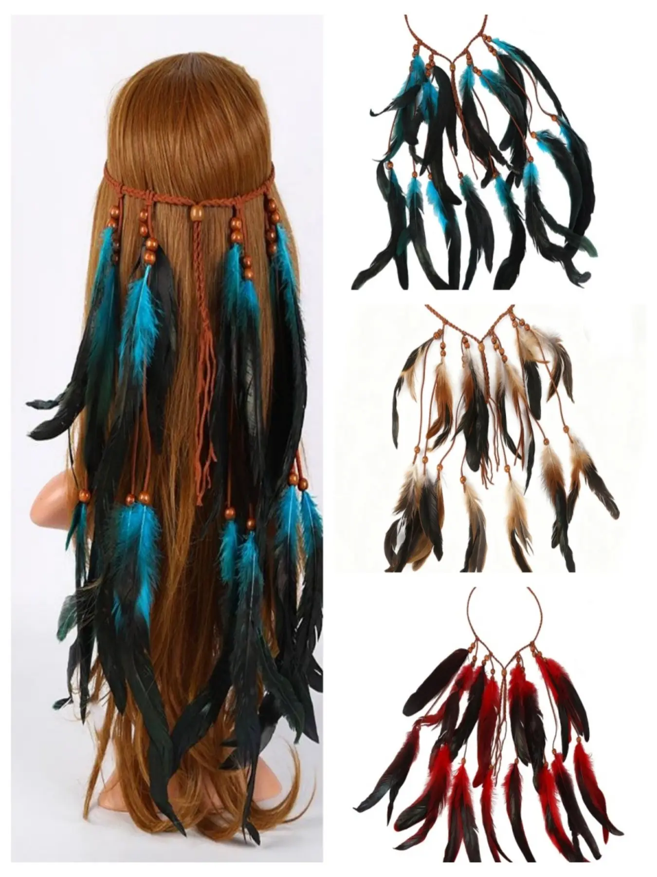 Boho Feather Hairbands, Adjustable Beaded Rope Headbands, Feathers, Hippie Style Accessories for Women and Girls