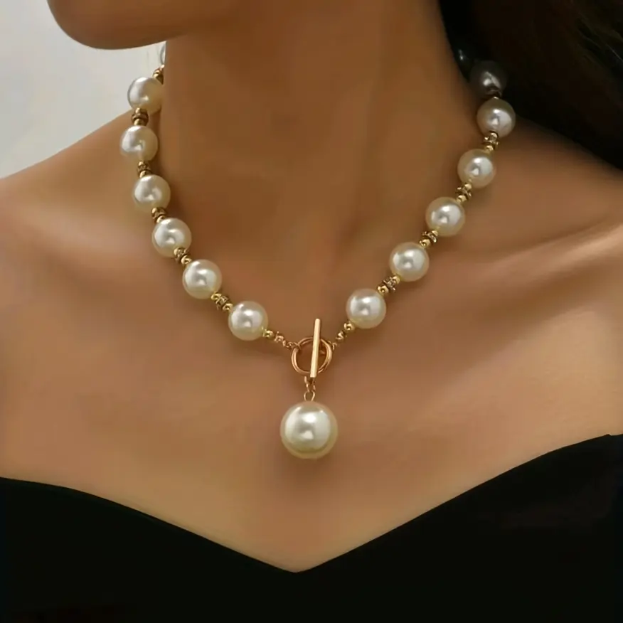 Women's Gold-Tone Costume Jewelry Set - 45cm Elegant Necklace with Large Synthetic Pearl Pendant, Rhinestones & Toggle Clasp, Matching Drop Earrings, Bridal Accessory, Wedding & Everyday Wear