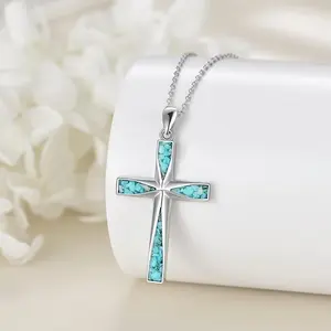 New Hot-Selling Turquoise Women'S Cross Pendant Necklace - Unique Punk Style Green Stone Foldable Stainless Steel Cross Charm, Perfect Gift for Friends and Girlfriends on Birthdays or Holidays, Cross Necklace For Women, Necklace For Women,