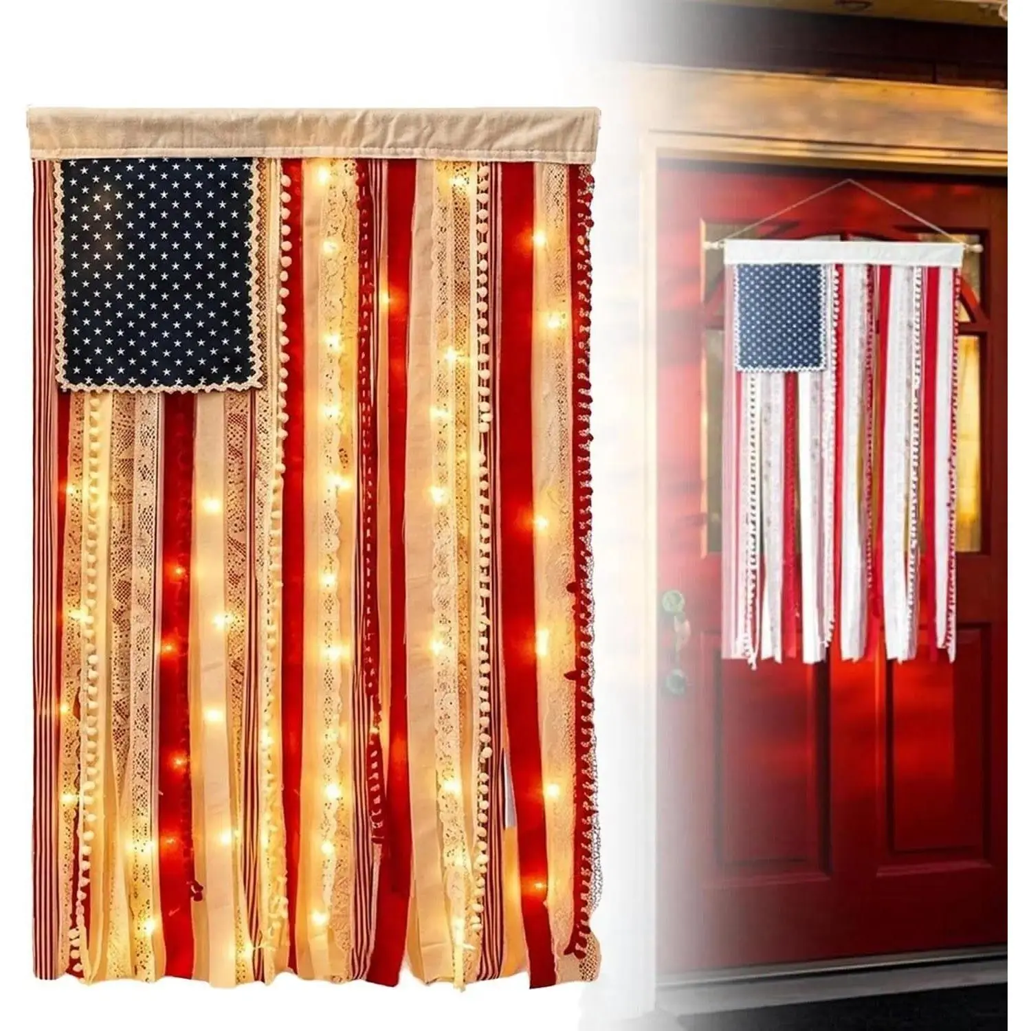 Vintage Lighted Patriotic Rag Flag with LED Lights, 4th of July Outdoor Decor