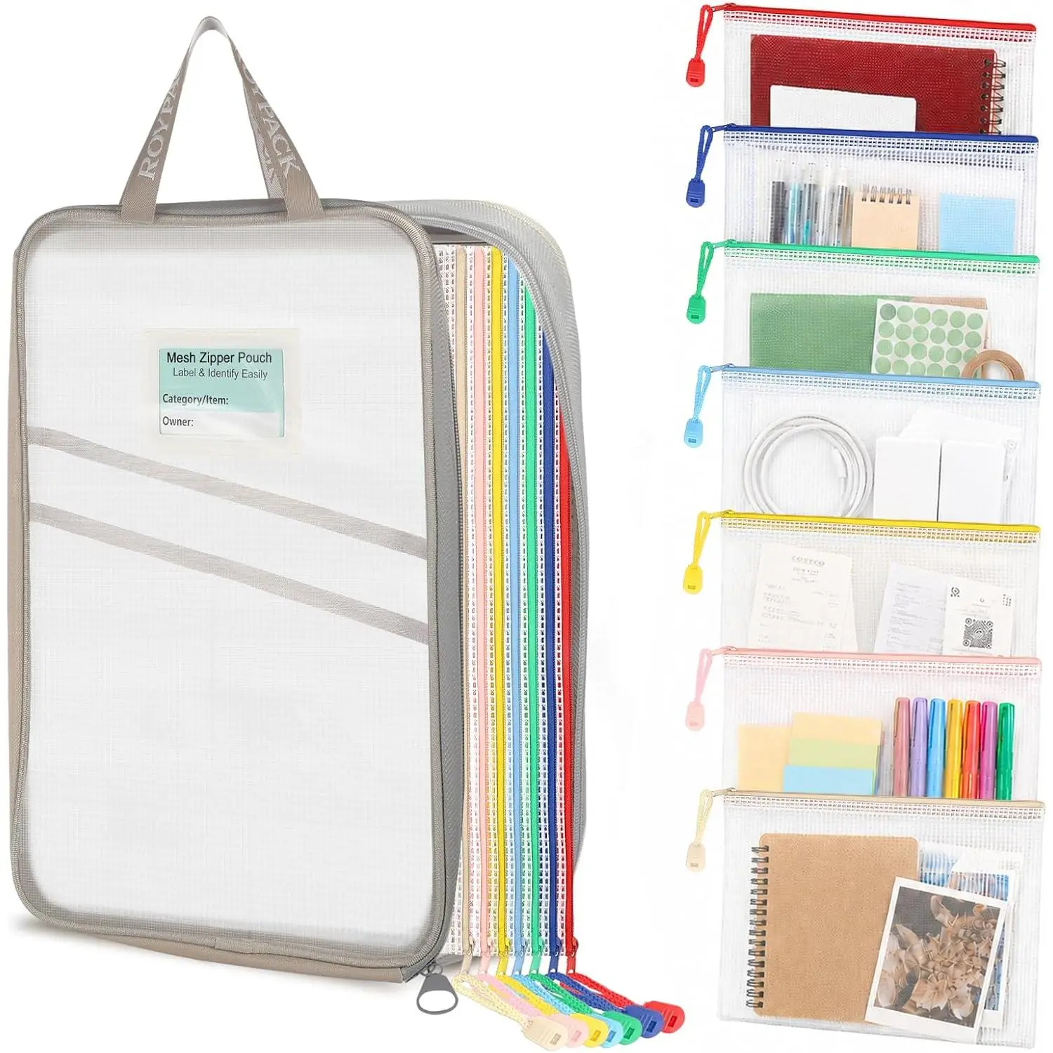 7 Pack PVC Mesh Zipper Pouch Set with 1 Organizer Bag A4/Letter Size Translucent File Bags Water-Resistant Plastic Document Pouches for Office College School & Travel Supplies (8pcs)