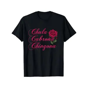 Men's Short-Sleeve Streetwear T-Shirt, Ootd Chula Cabrona Chingona Top with Red Rose, Party Wear Shirt