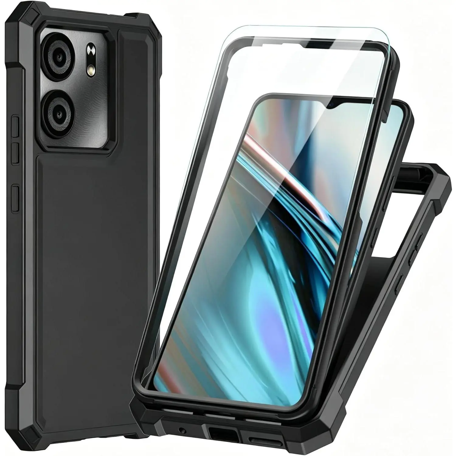 View 5 B160V Phone Case with Screen Protector, Full Body Heavy Duty Shockproof Protection Front PC Back Soft Silicone Bumper for F5 5G Black