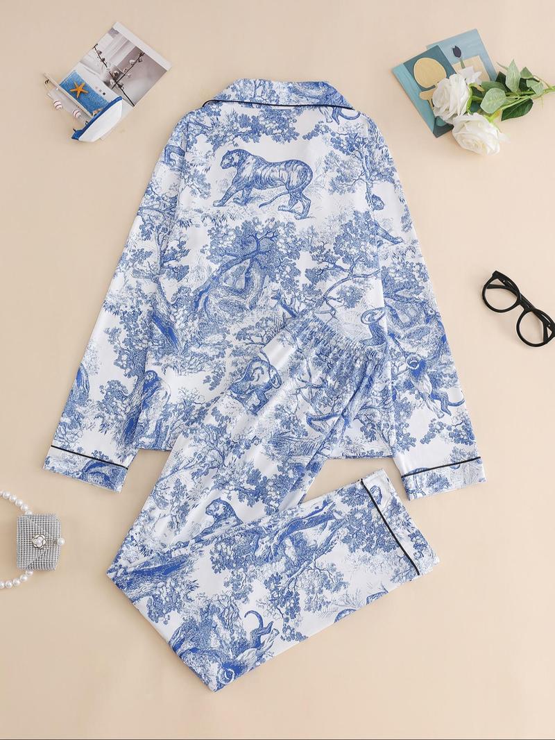 Women's 2-Piece All Over Print Button Front Pocket Lapel Shirt & Elastic Waist Pants Pyjama Set, Casual Comfy Long Sleeve Top & Trousers Matching Pj Set, Women's Sleepwear for Spring & Fall