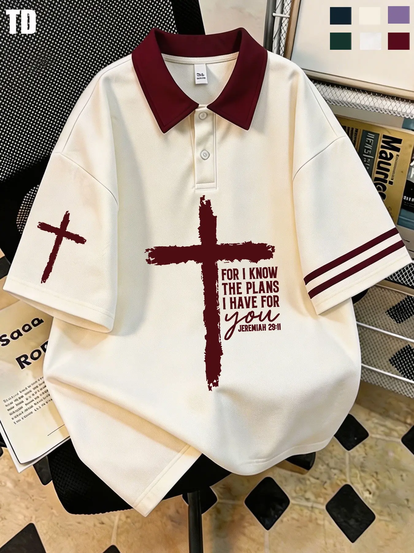 Td Vintage Cross Bible Verse Graphic Polo Shirts, Unisex Fitted Blouses, Patchwork Pattern, 6 Colors, Casual Streetwear