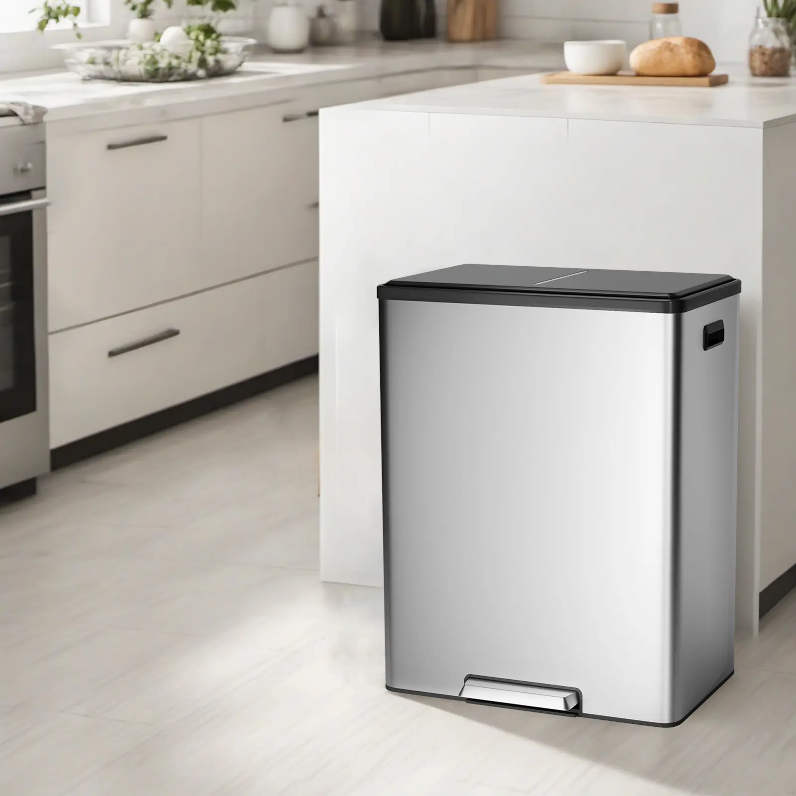 Dual Compartment Stainless Steel Trash Can – 60L Commercial – Bag Lock, Soft-Close Step Pedal, Removable Inner Bins, Fingerprint-Resistant – Appropriate for Kitchen, Office, Public Spaces