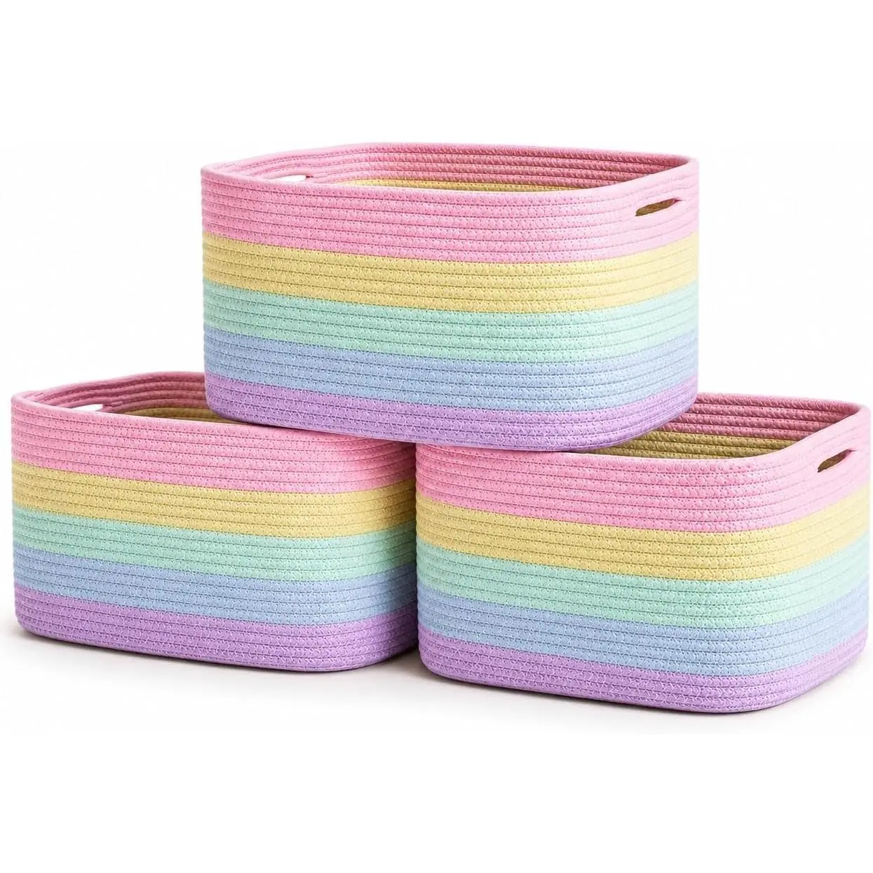 Pastel Rainbow Cotton Rope Baskets for Shelves, Set of 3 - 15"×10"×9½" - Colorful Storage Baskets for Kids - Nursery, Playroom, Classroom - Toy Storage, Books, Towels