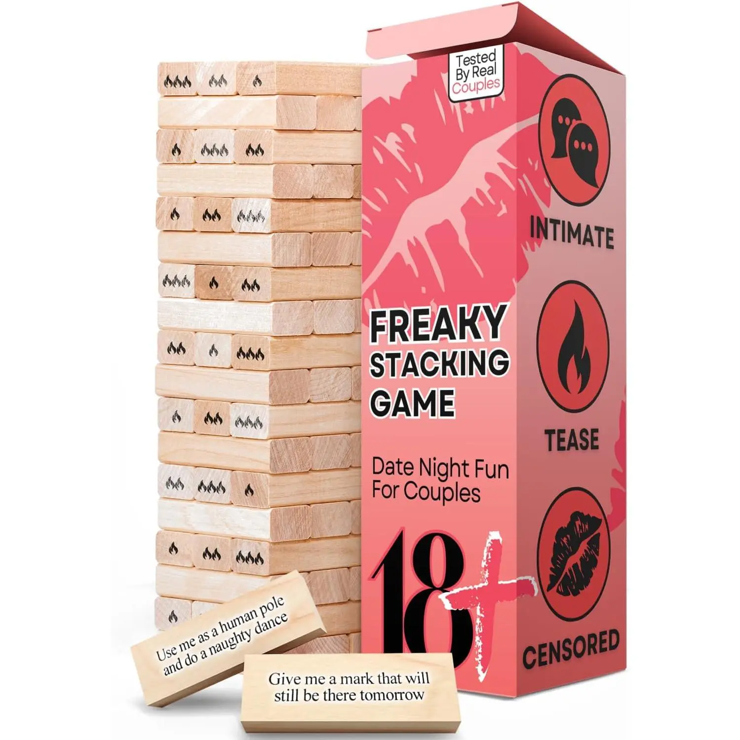 54Pcs Spicy Couples Game Set, Interactive Tumbling Wooden Tower Stacking Toy with Intimate Dares, Ready-to-Play Adult Party Game for Date Night & Valentine's Day Intimacy, Interactive Party Games For Adults