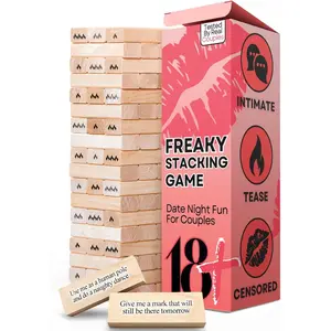 54Pcs Couples Games for Adults, Super Naughty Tumbling Wooden Lust Tower Stacking Game with Intimate Dares for Date Night Party, Spicy Romantic Intimacy Valentines Day for Couple