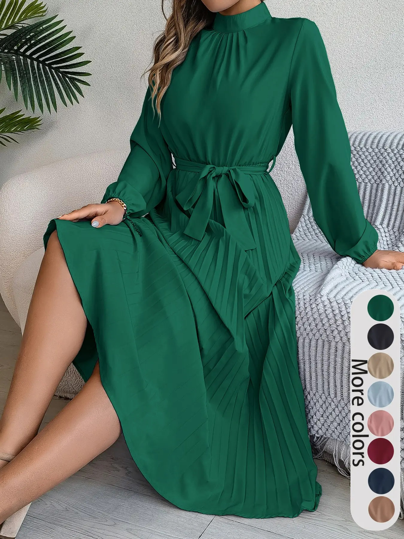 Women's Autumn Winter Casual Elegant Chic Belted Waist Pleated Long Sleeve Dress, Home Office Outdoor City Fashion, Youthful Simple Versatile Texture