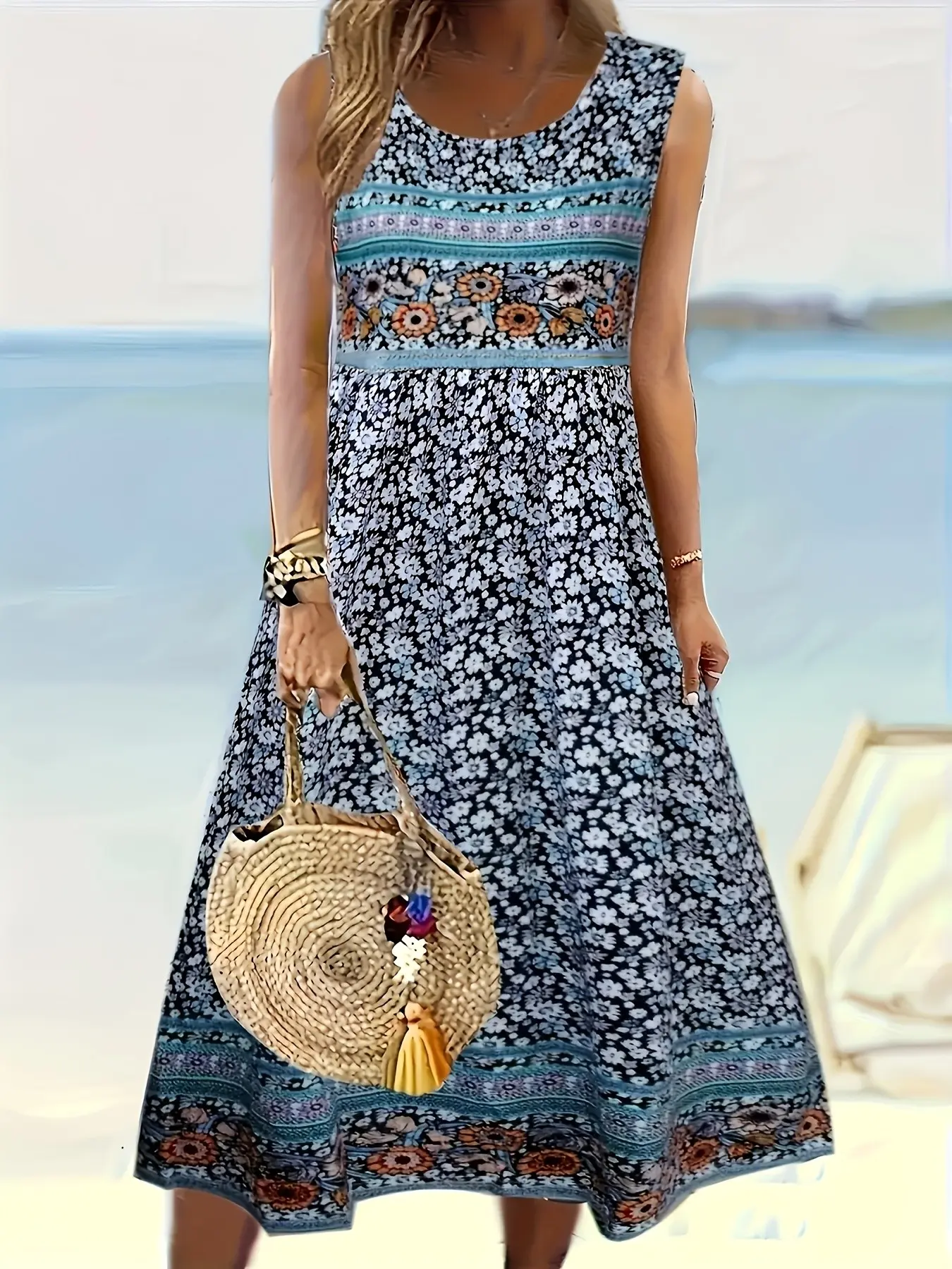 Boho Floral Sleeveless Midi Dress, Pocketed A-Line Sundress, Summer Beach Essential, Casual Boho Chic Vacation Wear, Daily Comfortable, Boho Style Dress, Boho Styles Fashion
