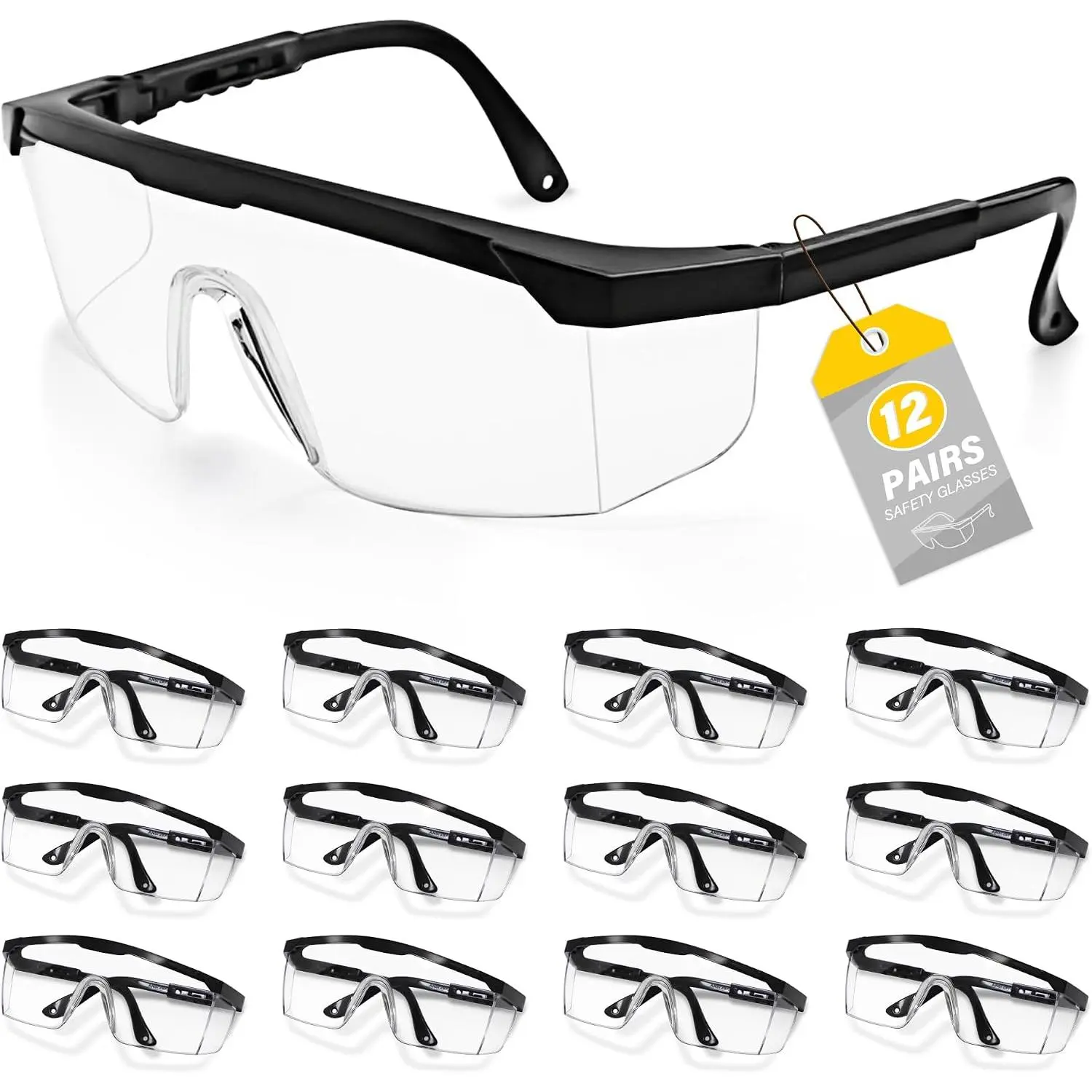 12 Pack Safety Glasses Bulk Anti-Fog, Adjustable Temple Safety Goggles, UV Protection Scratch Resistant Polycarbonate Lens, Protective Eyewear with ANSI Z87.1 for Construction, Lab, Outdoor Work