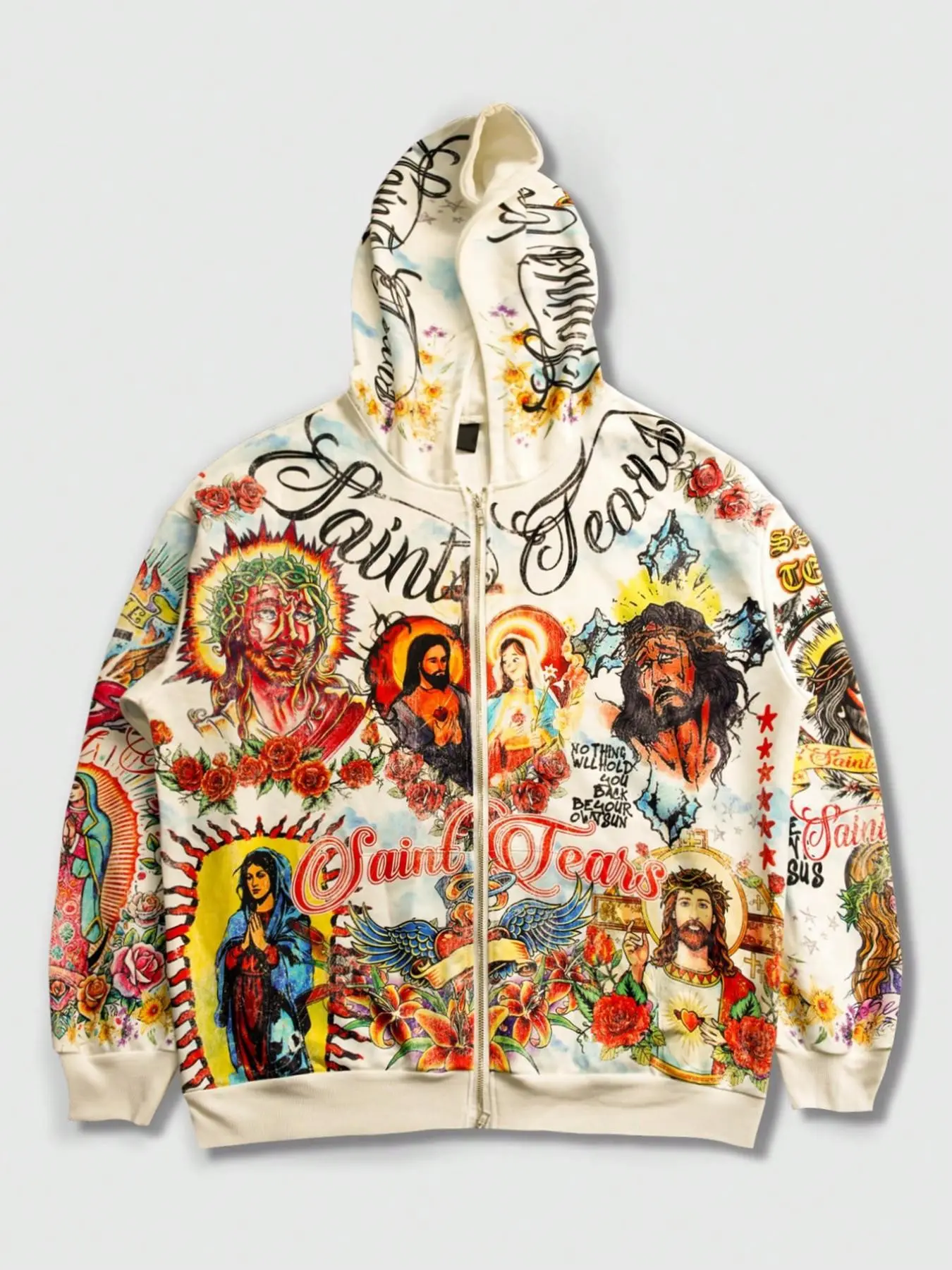 Saint Tears Print Zipper Hoodie, Vintage Tattoo Religious Jesus Mary Rose Pattern, Y2K Gothic Streetwear, Unisex Full Print Hooded Sweatshirt