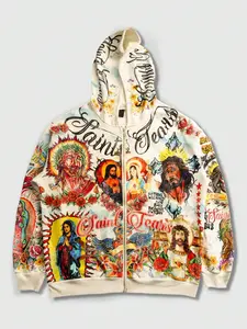 Saint Tears Print Zipper Hoodie, Vintage Tattoo Religious Jesus Mary Rose Pattern, Y2K Gothic Streetwear, Unisex Full Print Hooded Sweatshirt