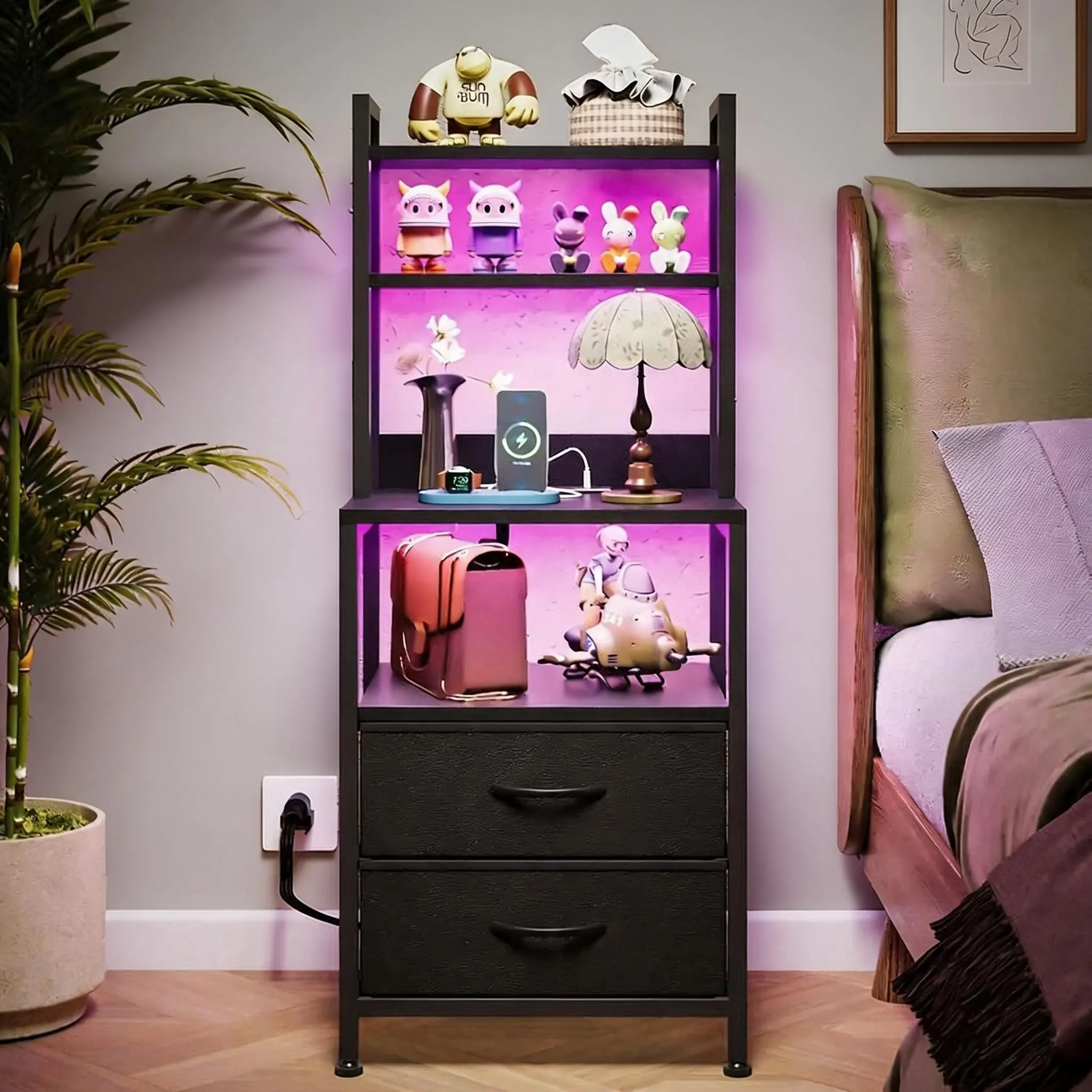 41 Inch 3 In 1 Tall Smart Nightstand with Built-In Charging Station USB Ports & AC Sockets, 2 PU Fabric Storage Drawers Multi-Functional Bedside Table Bookshelf, Space Saving Cabinet for Dorm Small Apartment Bedroom, White Rustic Brown Black Classic MDF F