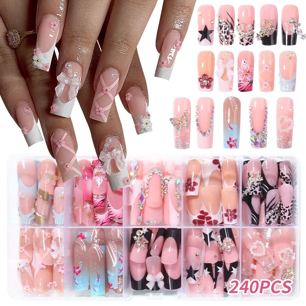 240pcs Long Square Press-On Nails, Bow, Rhinestone Stars, Floral, Leopard Print, Acrylic False Nails Set, Easy to Wear, Perfect for Parties