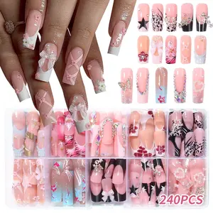 240pcs Long Square Press-On Nails, Bow, Rhinestone Stars, Floral, Leopard Print, Acrylic False Nails Set, Easy to Wear, Perfect for Parties