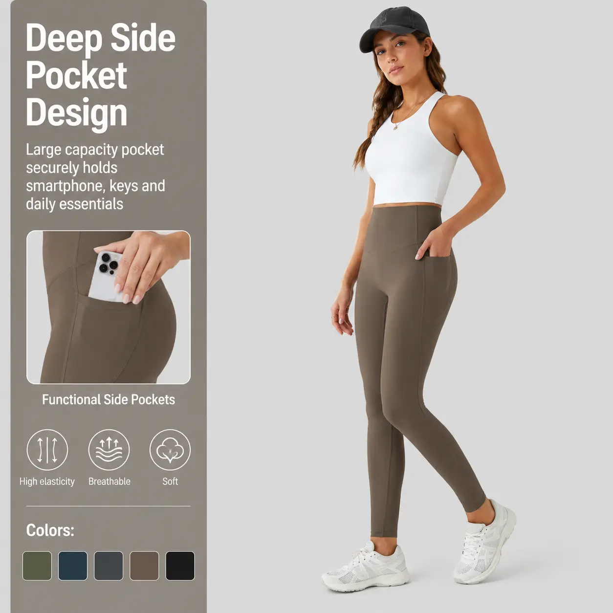 High Waist Yoga Leggings for Women with Side Pockets, Tummy Control Compression Stretch Workout Pants, Gym Activewear Fitness Tights