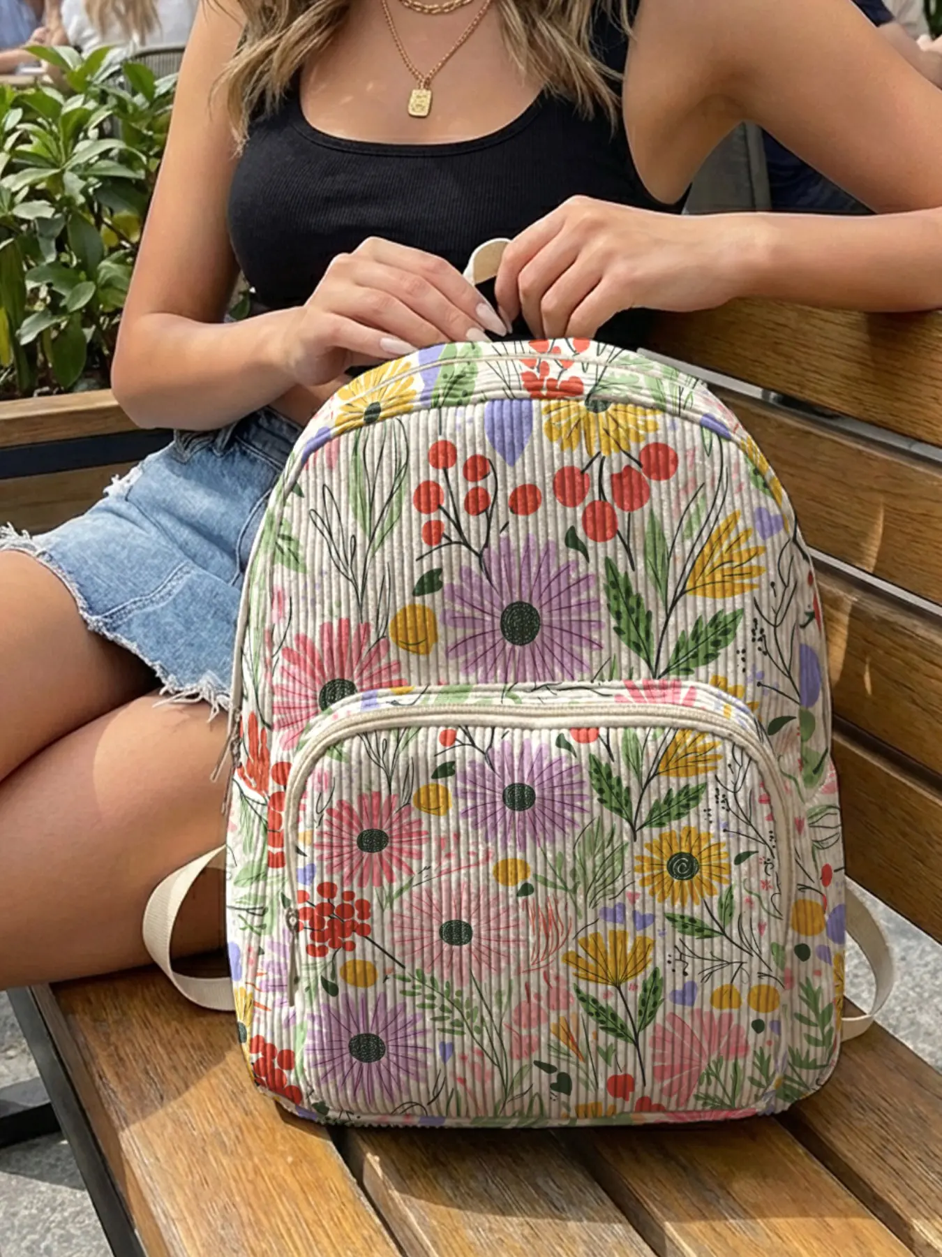 Women's Casual Backpack with Daisy Berry Leaf Pattern, Lightweight Plush Texture, Layered Storage, Ideal for School & Travel