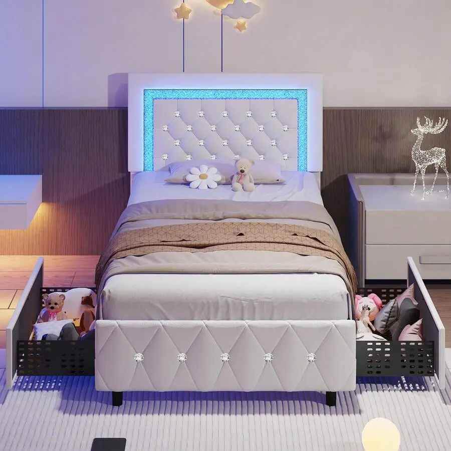 Twin/ Full/ Queen/ King Size Bed Frame With Storage Drawers, Upholstered LED Bed Frame With Headboard, Modern Platform Bed Frame With Headboard And Footboard, Pink/ Black/ White/ Purple/ Yellow (Twin 2 Drawers/ Other 4 Drawers) (USB LED Strip)
