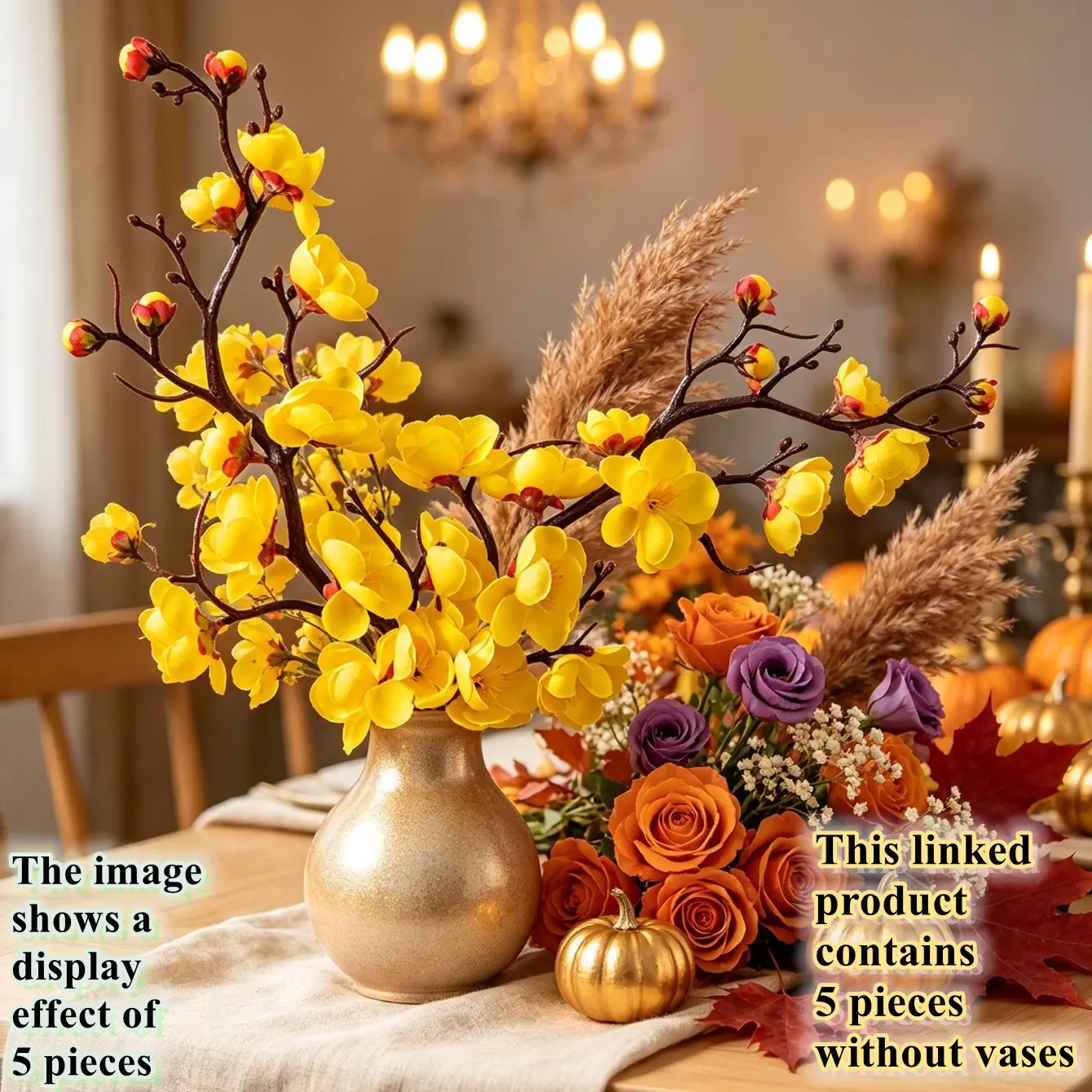 5pcs artificial flower Yellow plum blossom, UV resistant and realistic, suitable for party and home, wedding, garden, office and indoor and outdoor use, DIY in autumn and winter, anniversary, birthday, Thanksgiving, Halloween other holiday decorations