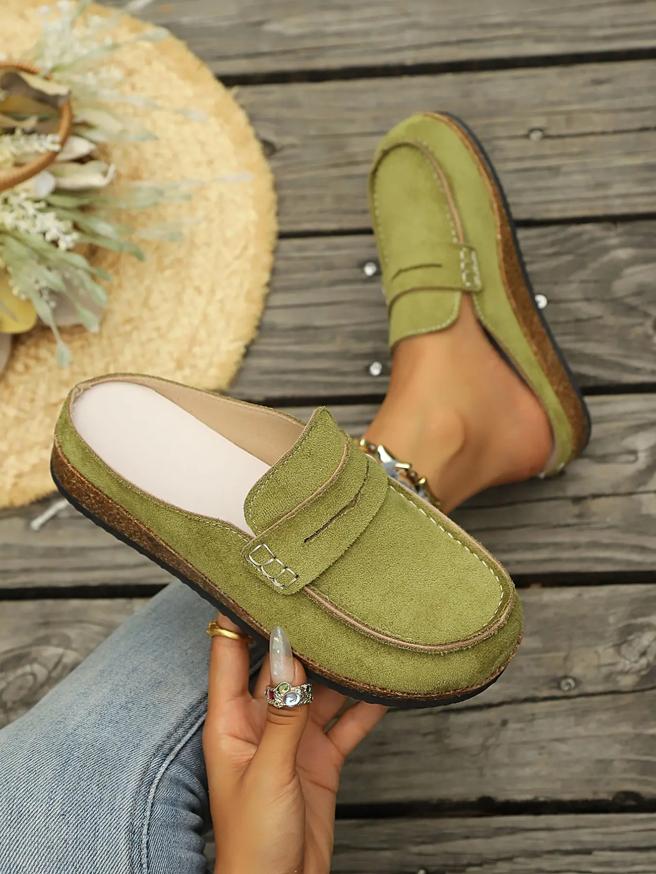 Light Imitation Suede Penny Loafer Slip-On Half Sandals, Vintage Thin Sole One-Step Lazy Mule Slippers for Women, Plus Size Comfort Shoes, Soft Soled Mules