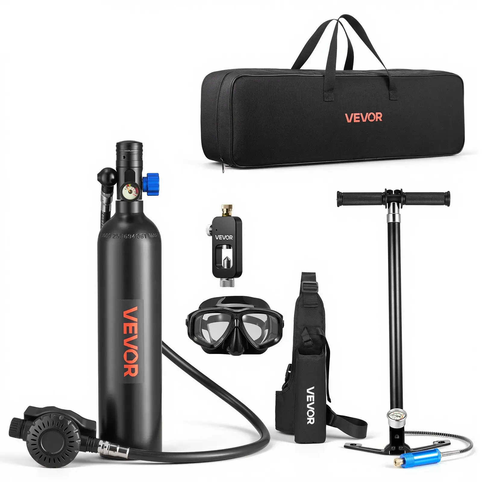 VEVOR Mini Scuba Tank, 1L Portable Diving Tank for Underwater Breathing, Reusable Lung Diving Cylinder up to 20 Minutes Dive Time, Emergency Rescue Pony Bottle with Adapter Goggles for Snorkeling