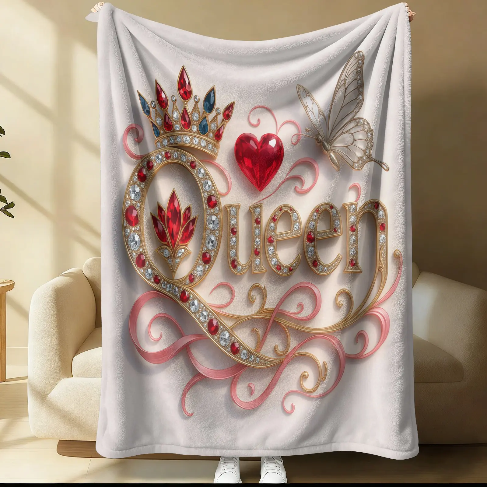Butterfly Brick Queen Crown Pattern Blanket, 1 Piece Soft, Warm And Lightweight Single Sided Printed Plush Blanket, Suitable For Bed, Sofa, Car, Room Decoration