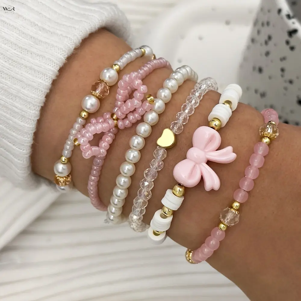 6Pcs Sweet Pink Bow Beaded Stretch Bracelet Set, Cute Pastel Pearl Crystal Stackable Elastic Bracelets, Preppy Daily Layering Wrist Jewelry Gift for Teen Girls Women