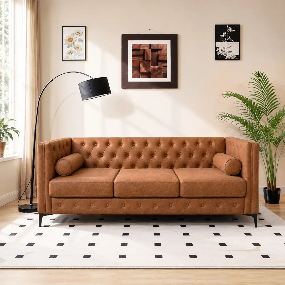 78.5" Long Mid-Century Modern 3-Seat Brown Faux Leather Sofa Couch with Fixed Arms, Diamond Stitch, Black Metal Legs, 2 Bolster Pillows, Deep Seat for Living Room, Apartment, 3 Seats