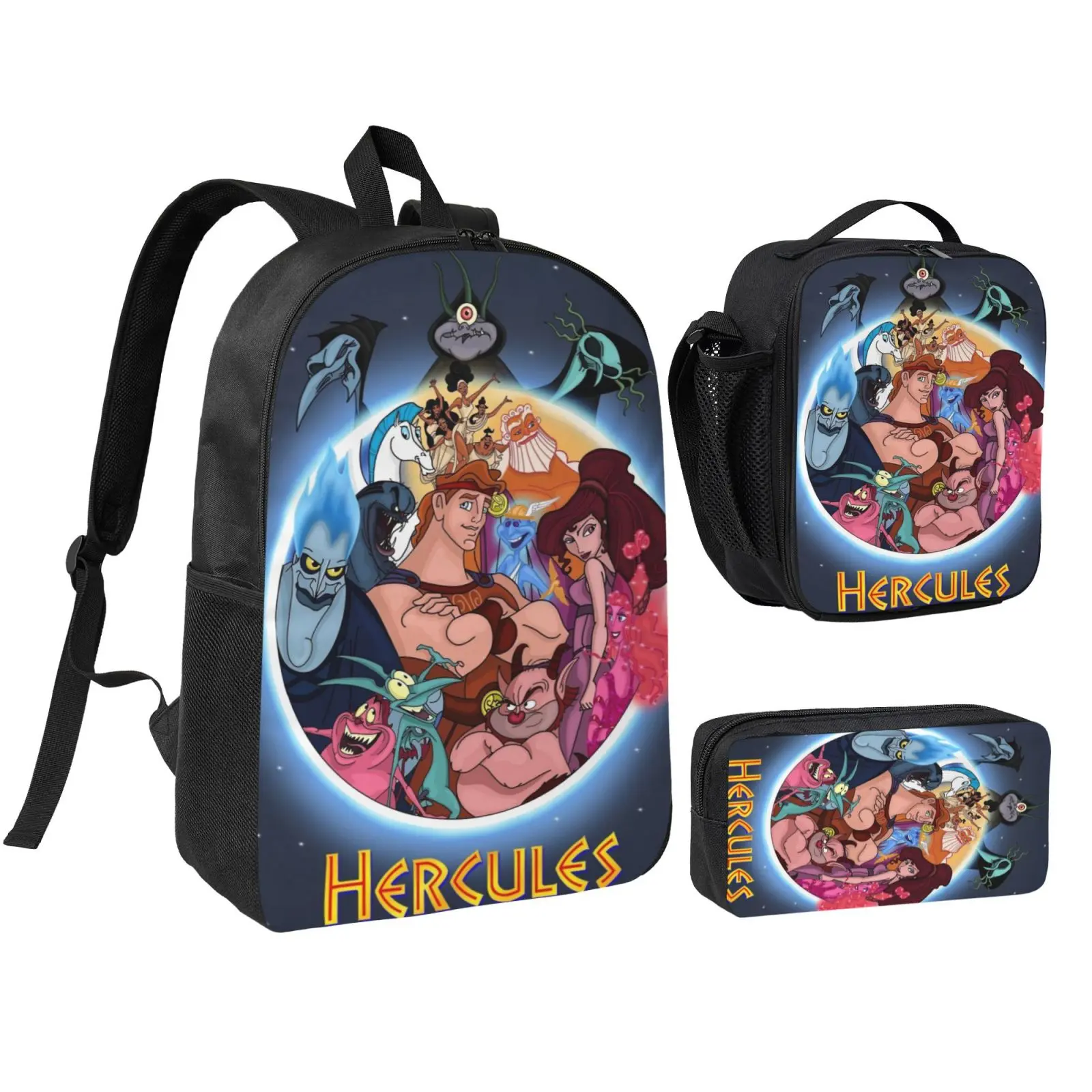 Anime Hercules 3Pcs School Backpack Set for Teens Boys Girls, Adjustable Strap Kids Bookbag with Insulated Lunch Bag & Pencil Case, Lightweight Travel Office Daypack