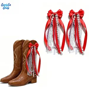 Patriotic Boot Charms for Women (2 Pcs), Red White Blue Star Tassel & Ribbon Bow Shoe Accessories, Western Style Footwear Decor for 4th of July Independence Day, Festival, Party & Holiday Outfit Styling Accessories