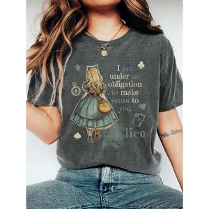Alice "I Am Under No Obligation"  Print Spring/Summer Daily Commute Casual Versatile T-Shirt, Elegant Women's Casual Vacation Style, Sporty Trendy Versatile Design, Simple Round Neck Comfortable Breathable Top,