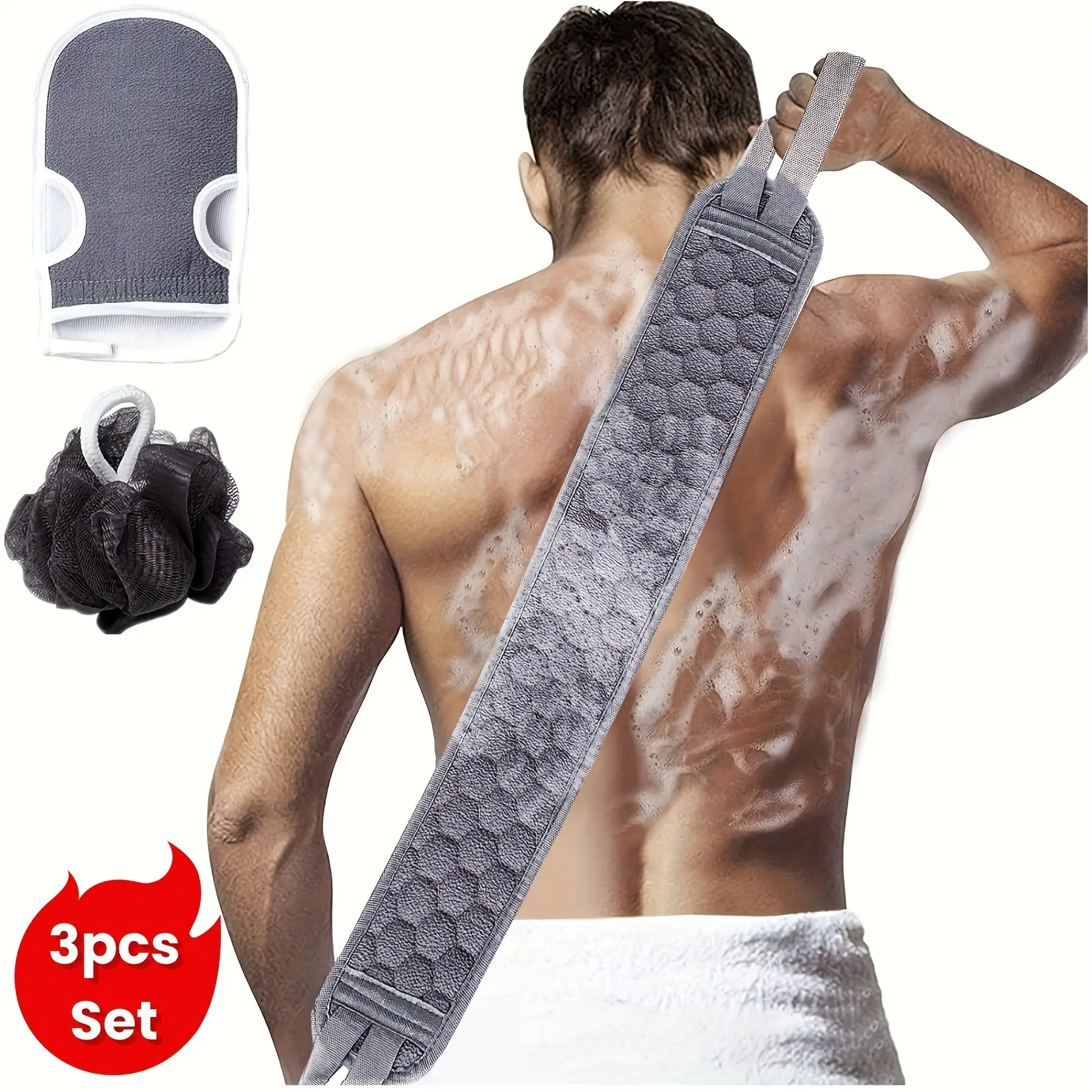 3-Piece Exfoliating Bath Mitt Set, Soft Loofah Sponge, Gentle Shower Gloves, Textured Back Scrubbing Towel, Unisex, Formaldehyde-Free