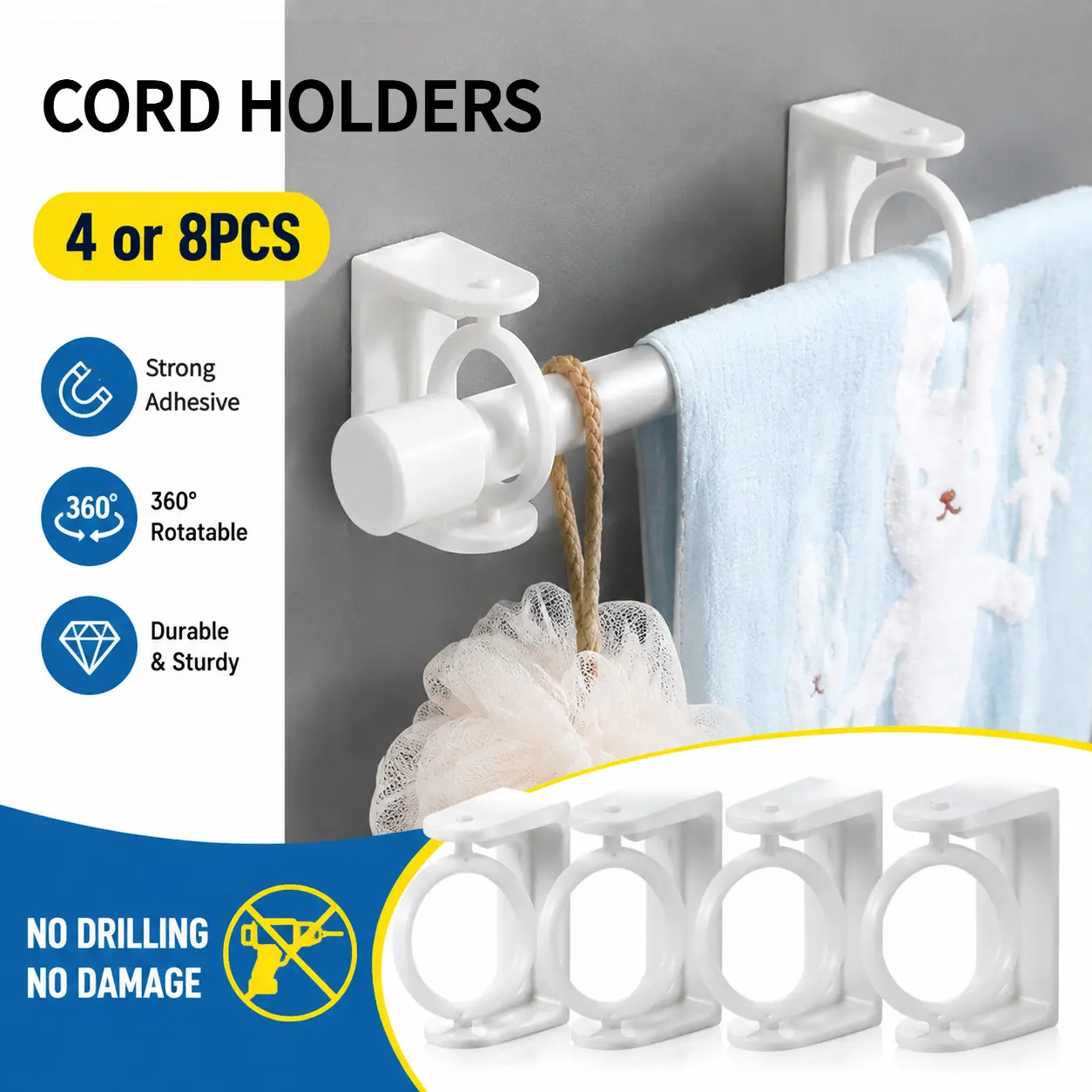 4 & 8 pcs Curtain Rod Holder, Easy-Install No-Drill Curtain Rod Holder, 360 °   Flexible Adhesive Backed Curtain Rod Holder for Home & Office, Adhesive Mount-YY1