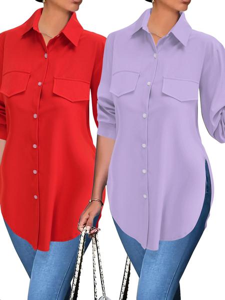 Women's Plain Button Front Split Hem Shirt Blouse, Casual Long Sleeve Collared Top for Spring & Fall, Summer Outfits 2024, Women's Clothing for Daily Wear
