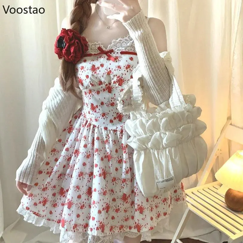 Japanese Sweet Lolita Style Mini Dress Women Kawaii Bow Lace Patchwork Ruffles Floral Print Dresses Fashion Girls Fairy Dress
