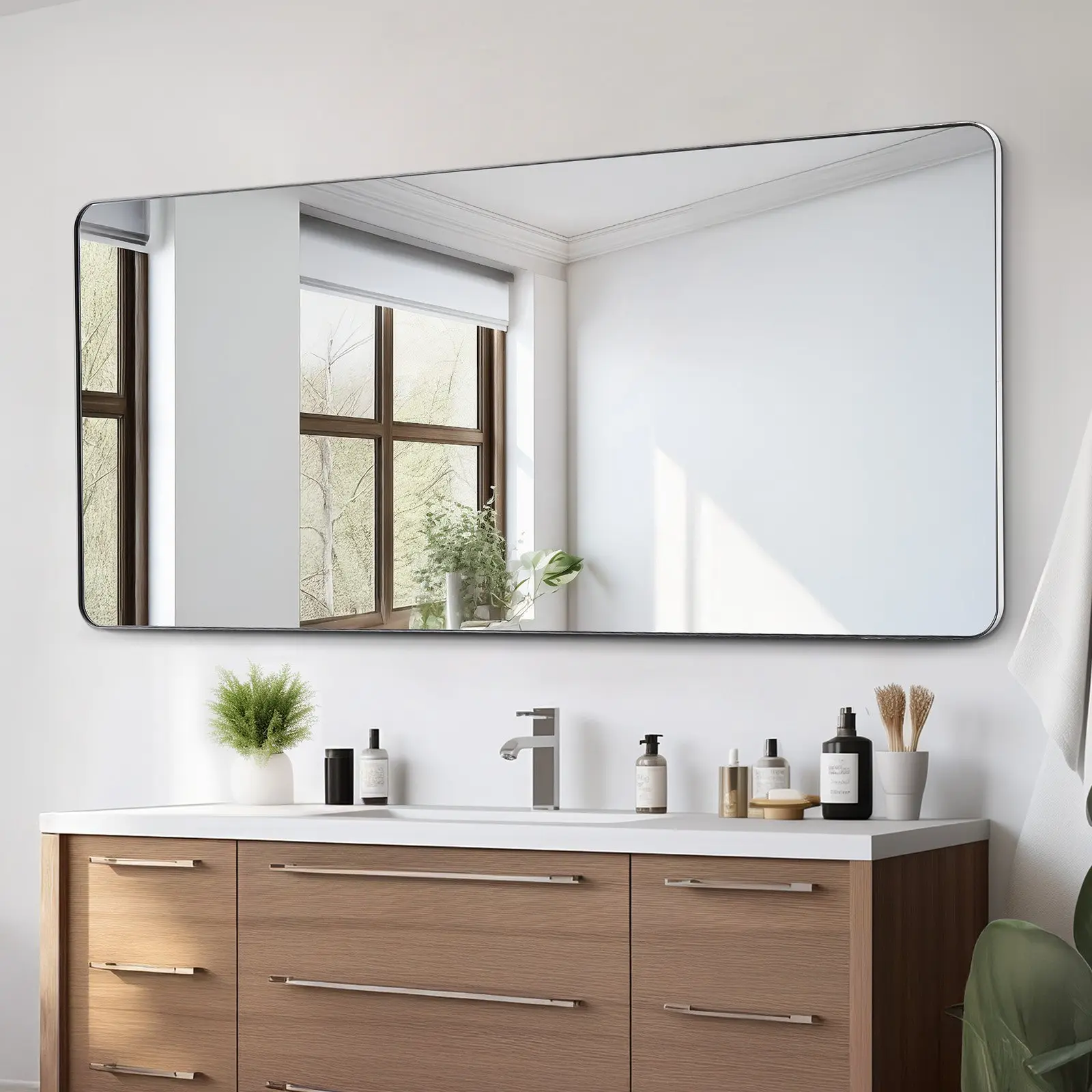VEVOR Wall Mounted Makeup Mirror, 0.15" Thick, 32" x 72" Mirror with Aluminium Alloy Frame & Explosion-Proof Film, Scratch-Resistant Mirror with Z-Shaped Bracket, Fit for Bathroom/Bedroom/Living Room
