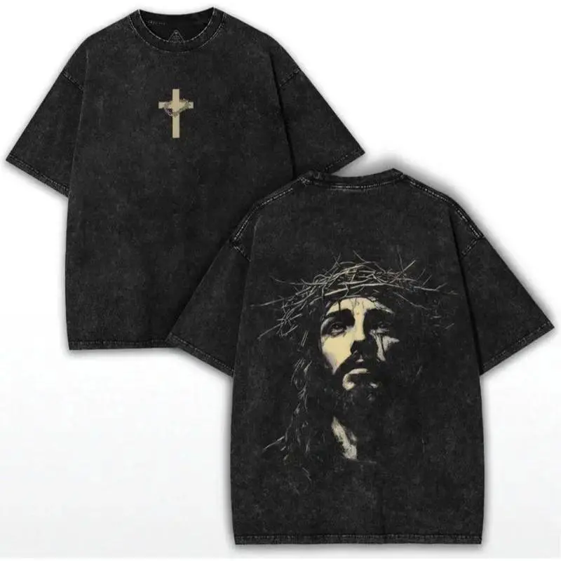 Vintage Washed Jesus Graphic Tee, Unisex Christian Faith Crew Neck Short Sleeve T-Shirt, Soft Cotton Blend Casual Religious Tops | graphic tees | tiktok shop deals