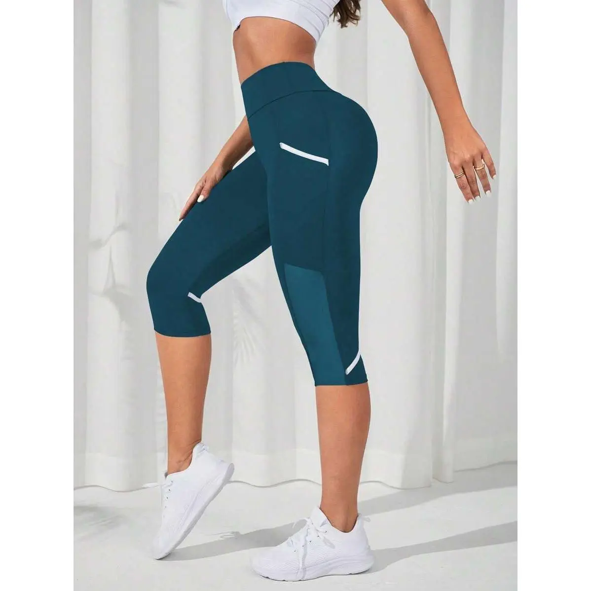 Women's High-Waist Leopard Print Polyester Blend Capri Length Workout Wear Female Pants - Contrast Mesh Phone Pocket, Wide Band, V-Back, Tummy Control, Flared Bootcut, Dry Clean Safe