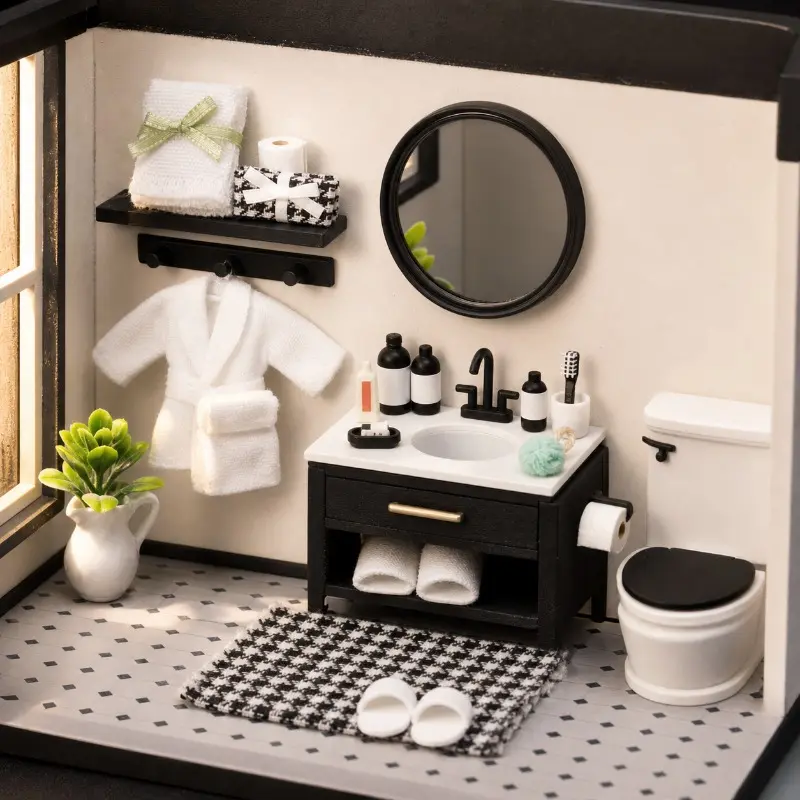 Dollhouse Mini Simulated Bathroom Vanity Scene Doll House Furniture BJD Decor Prop Model Miniature Set Christmas Easter New Year Gift
