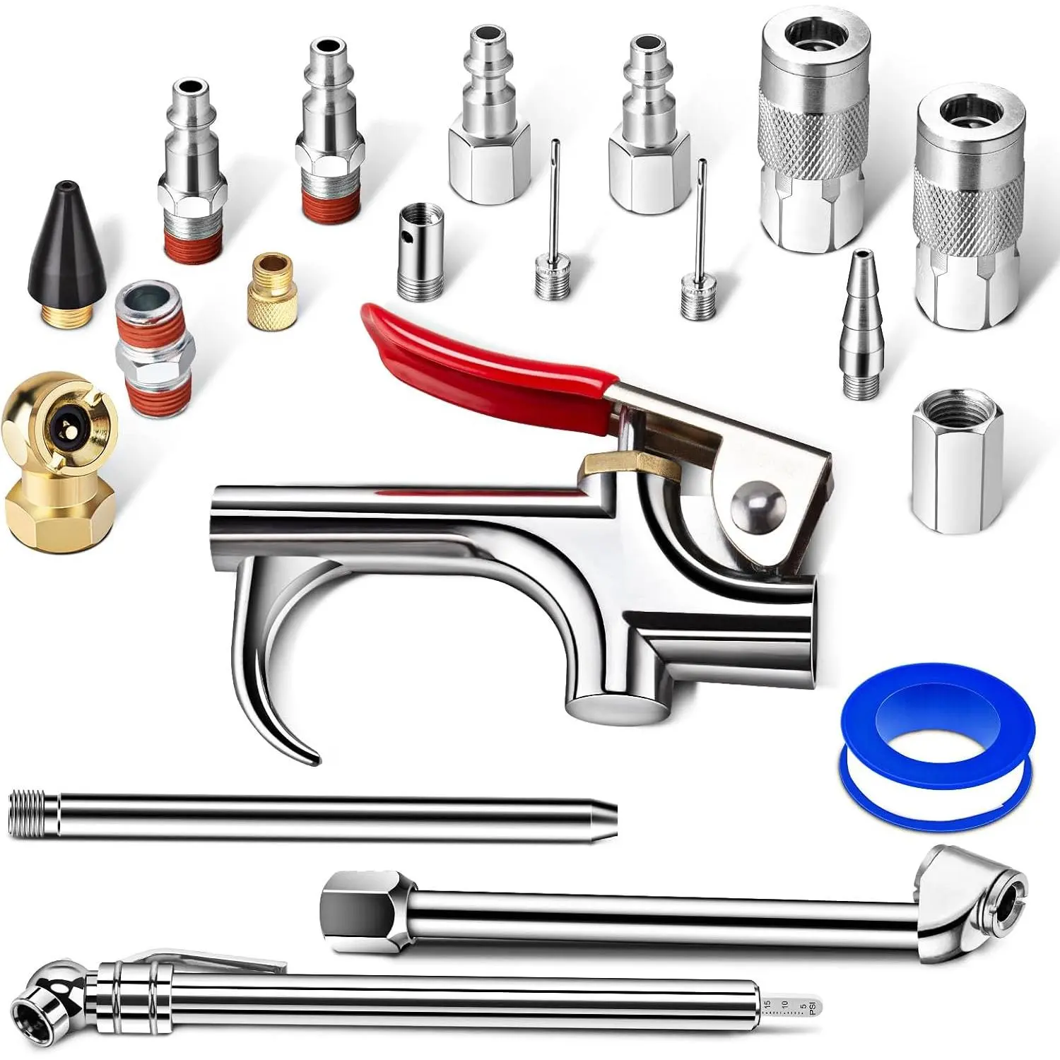 20-piece pneumatic tool kit, including 1/4" NPT quick connectors and plugs/tire inflating chuck/tire pressure gauge/air nozzle/air hose accessories, suitable for pneumatic tools with air compressor accessories