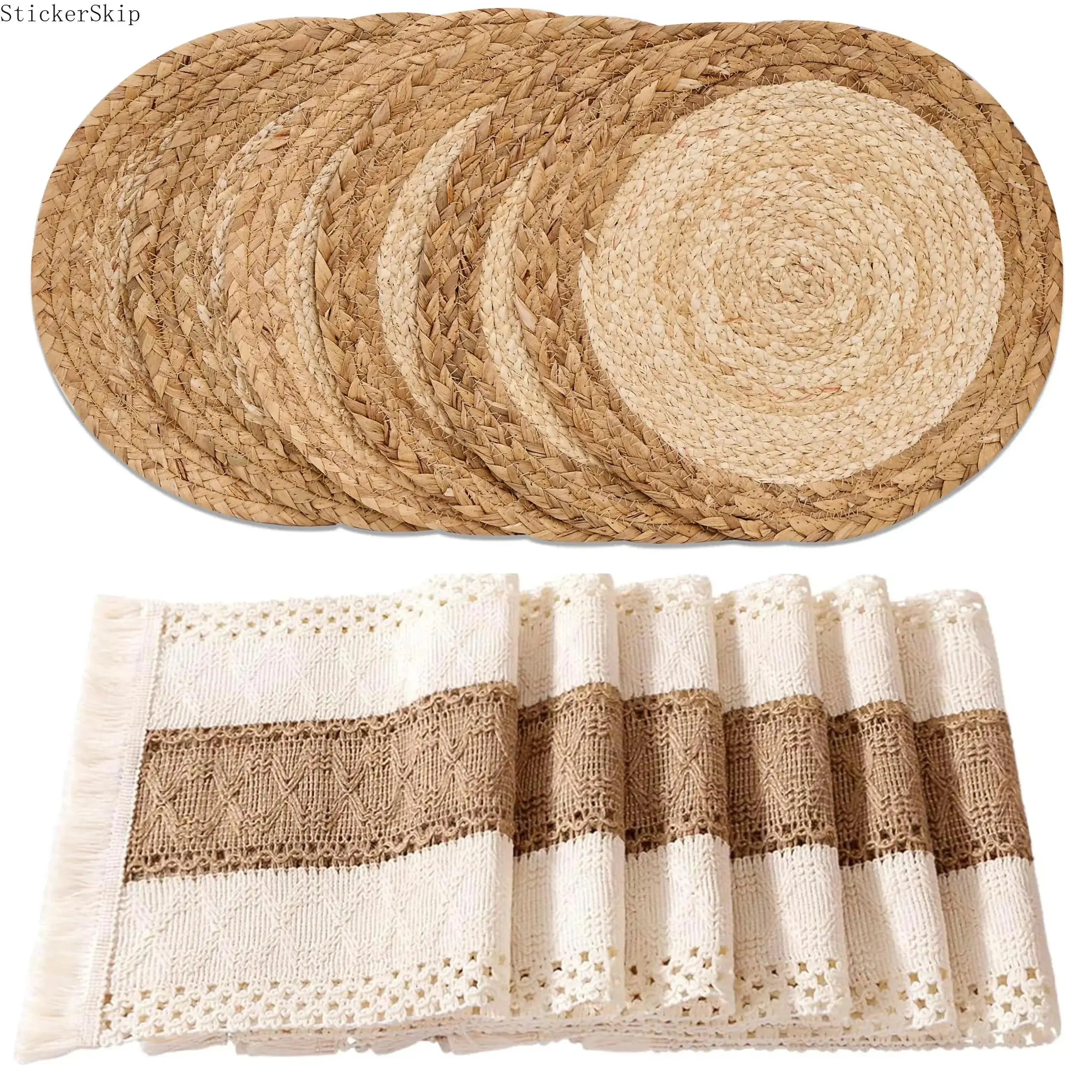 Handmade Boho Farmhouse Woven Placemat Set, Natural Cotton Burlap & Water Straw Rattan Braided Table Mats, Macrame Dining Decor for Kitchen & Dinner Table