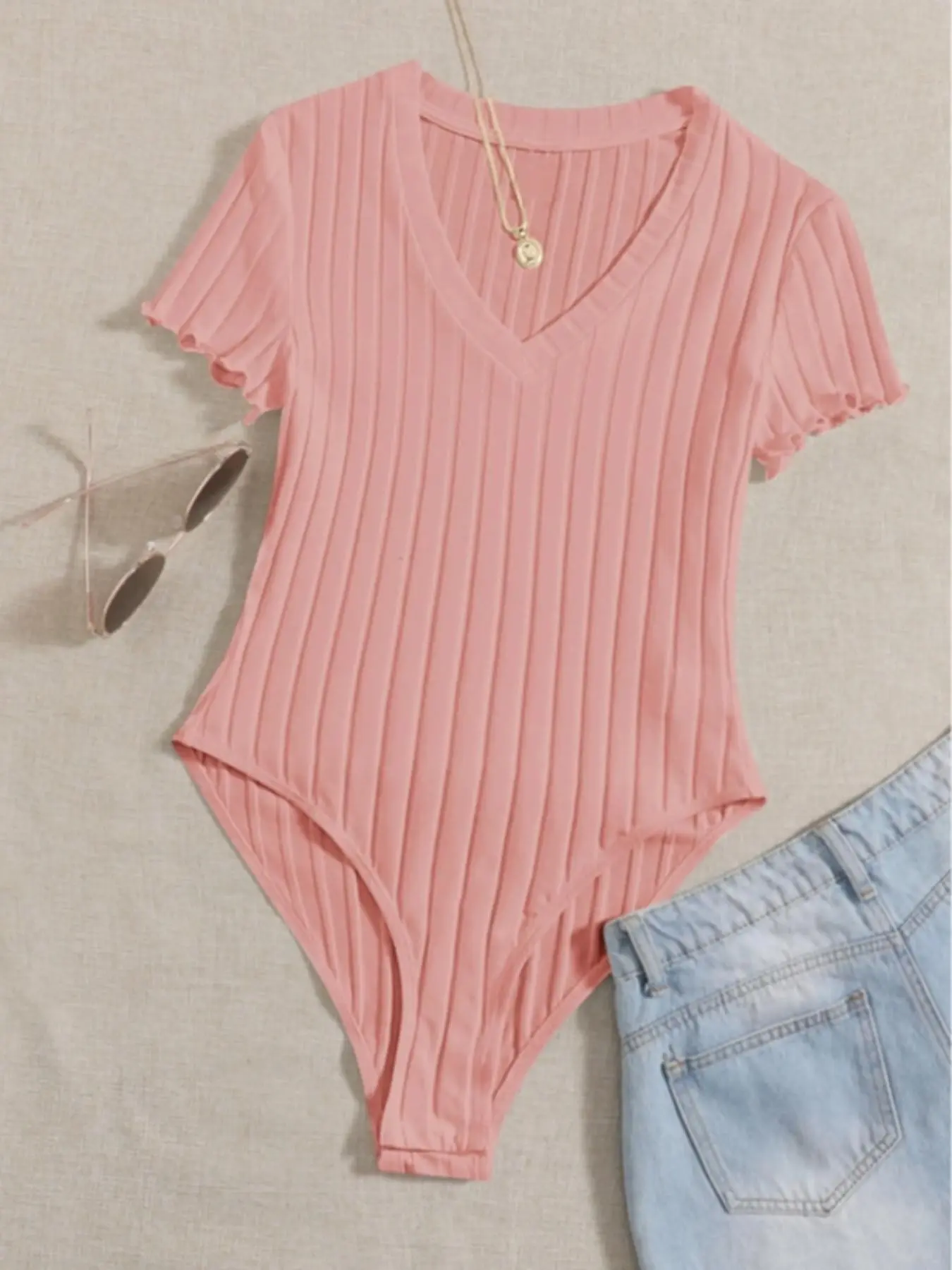 ! V Neck Ribbed Slim Fit Short Sleeve Jumpsuit Bodysuits, Stylish Summer Wear, Comfortable and Trendy, Perfect for Casual, Basic