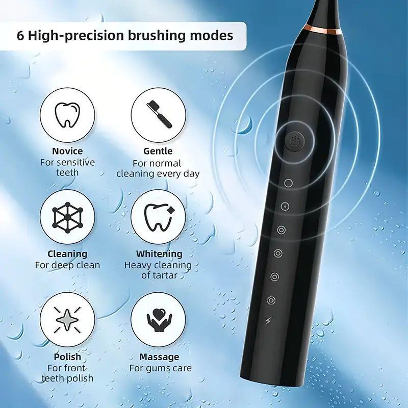 Professional Electric Toothbrush Kit with 6 Cleaning Modes, 1 Count Rechargeable Deep Cleaning Toothbrush with 4 Brush Heads, Electric Teeth Cleaner, Teeth Cleaning Oral Care Tool for Daily Use, Men's Stuff